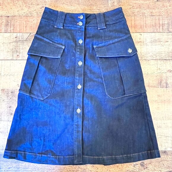 Massimo Dutti Calidad Denim Jean Midi A-Line Button Front Skirt Size 8 - Picture 2 of 10